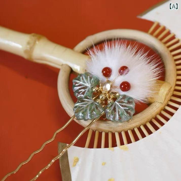 簪 レディース 古風 漢服スタイル 唐風 レトロ調 花飾り フラワー ポンポン ミンクファー ふわふわ も..