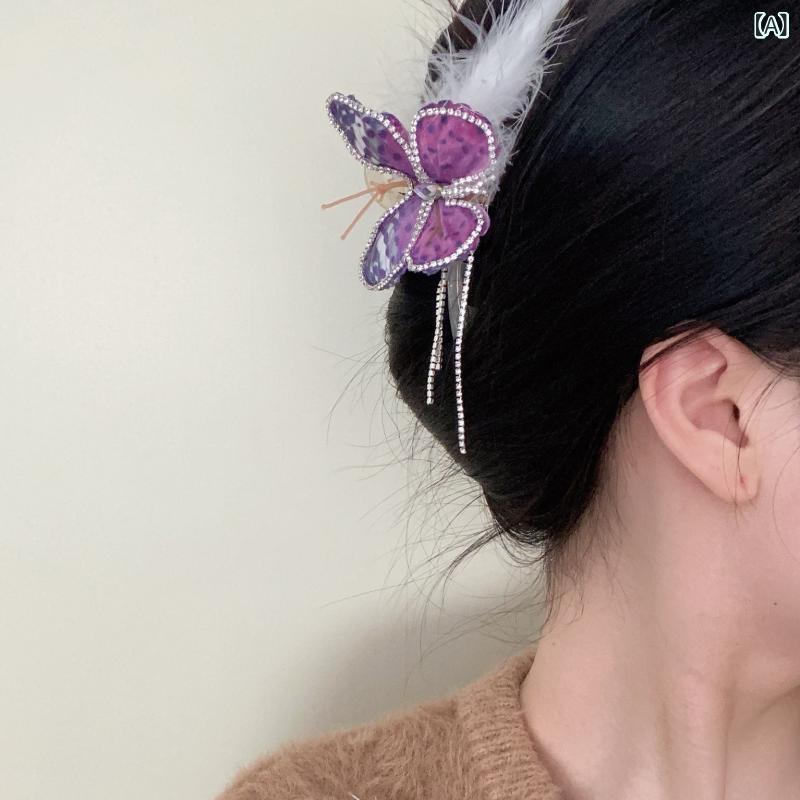 樂天商城 - ヘアアクセサリー レディース バタフライ フェザー フリンジ タッセル バンスクリップ インスタ風 個性派 おしゃれ スイート ムード まとめ髪 アップヘア 普段使い パープル 樹脂製