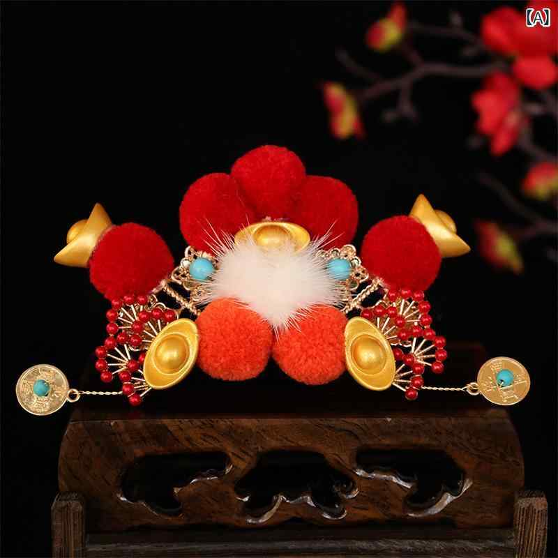 髪飾り 男女兼用 お正月 赤 レトロ 元宝 古銭モチーフ 縁起物 開運 ハンドメイド リボン かんざし ヘッドドレス セット