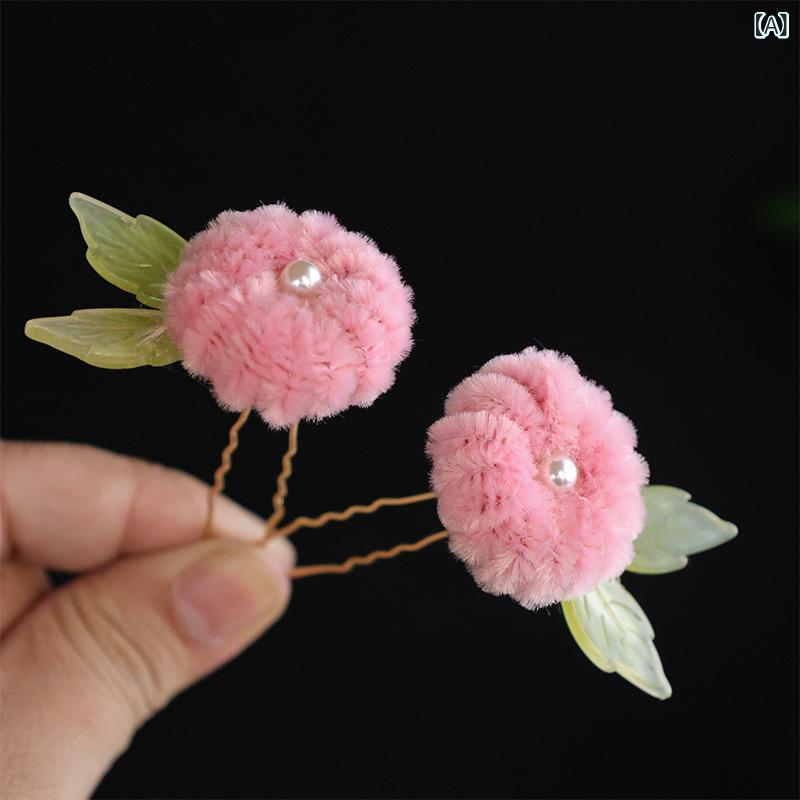 髪飾り レディース 古風 和風 漢服 かんざし 簪 ヘアクリップ ベルベット調 花 カボチャ ポンポン 手作..