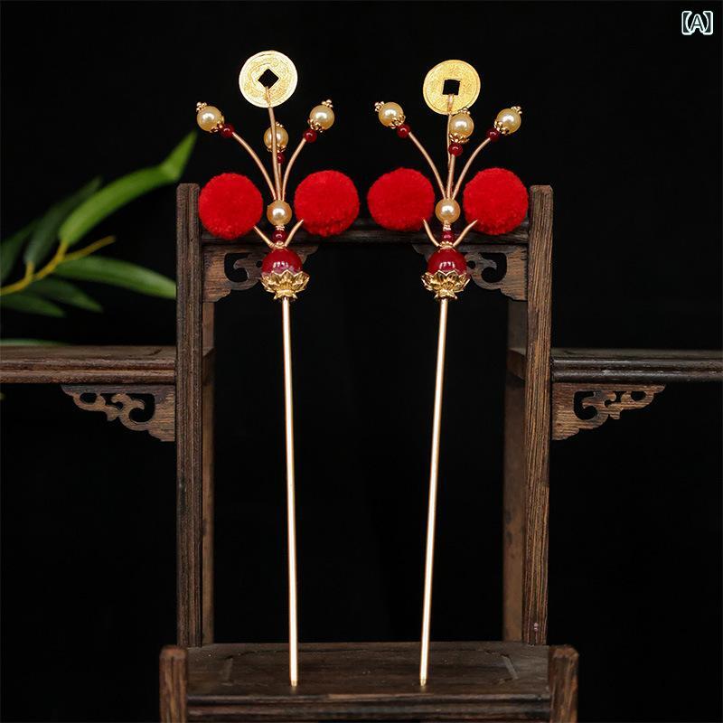 髪飾り レディース 中華レトロ 漢服 財神 銅銭 ポンポン タッセル 簪 ヘアクリップ レッド ハンドメイ..
