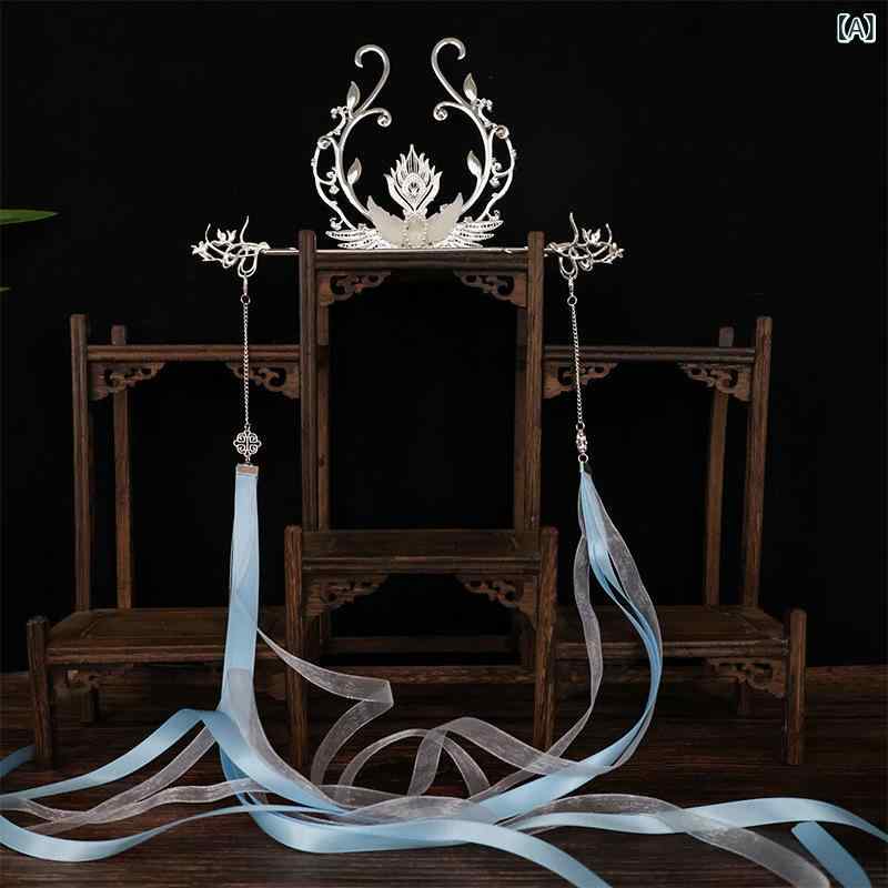 髪飾り ヘアアクセサリー 漢服 中華風 古風 簪 かんざし ヘアクラウン タッセル リボン 3点セット 金属製 ハンドメイド 幻想的 華やか 優雅 コスプレ イ...