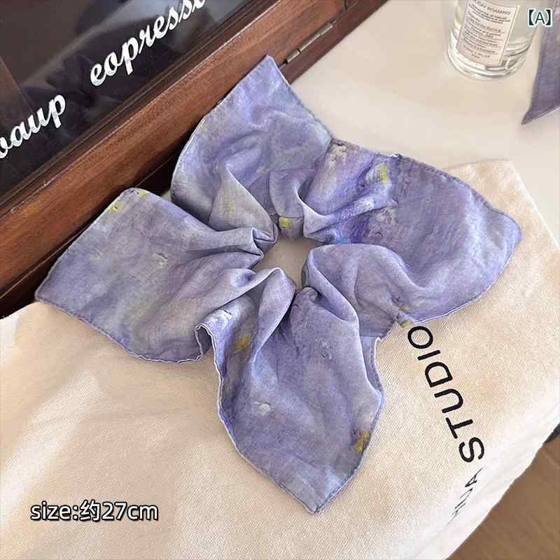 シュシュ レディース 韓国 油絵風 星空柄 スカーフ柄 パープル ローポニー まとめ髪 大人可愛い レトロ..