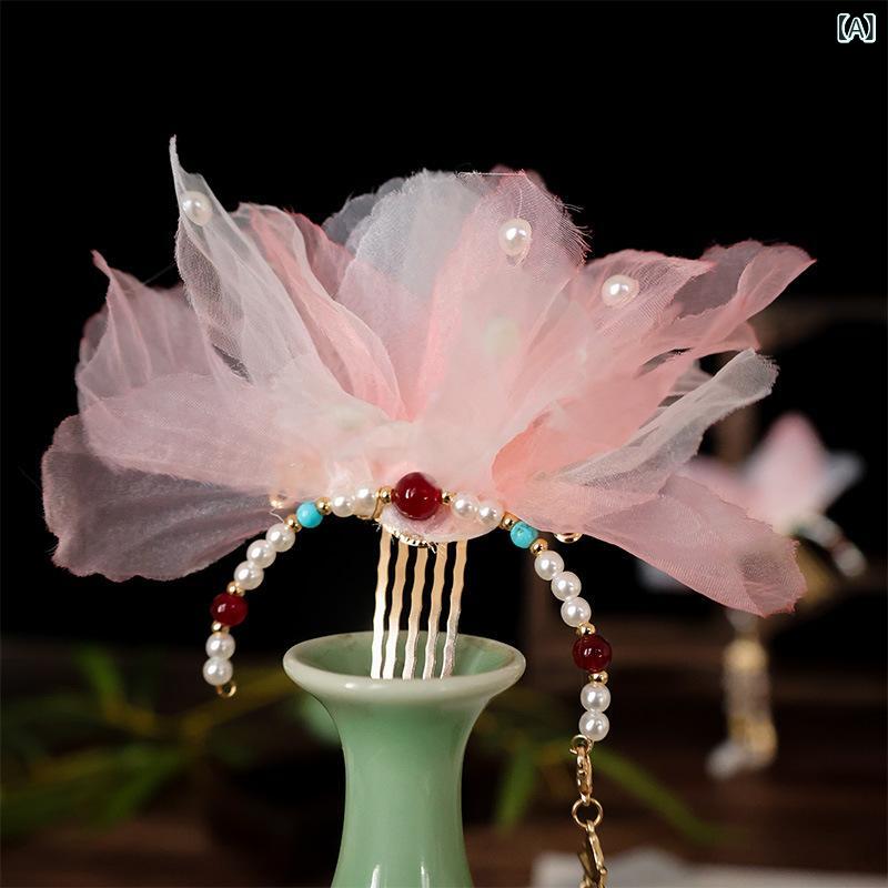 かんざし レディース 中華風 レトロ 透かし彫り風 パール タッセル飾り 歩揺コーム 手作り ハンドメイド 合金製 上品 優雅 華やか ヘアアクセサリー ファッ...