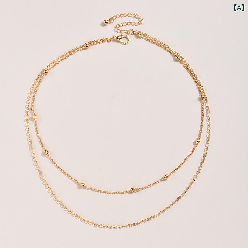 ネックレス レディース 欧米風 シンプル おしゃれ ファッション 幾何学 ラウンドビーズ 二連チェーン レトロ 個性的 カジュアル チョーカー 鎖骨ネックレス 合金製 電気メッキ ゴールド シルバー アクセサリー