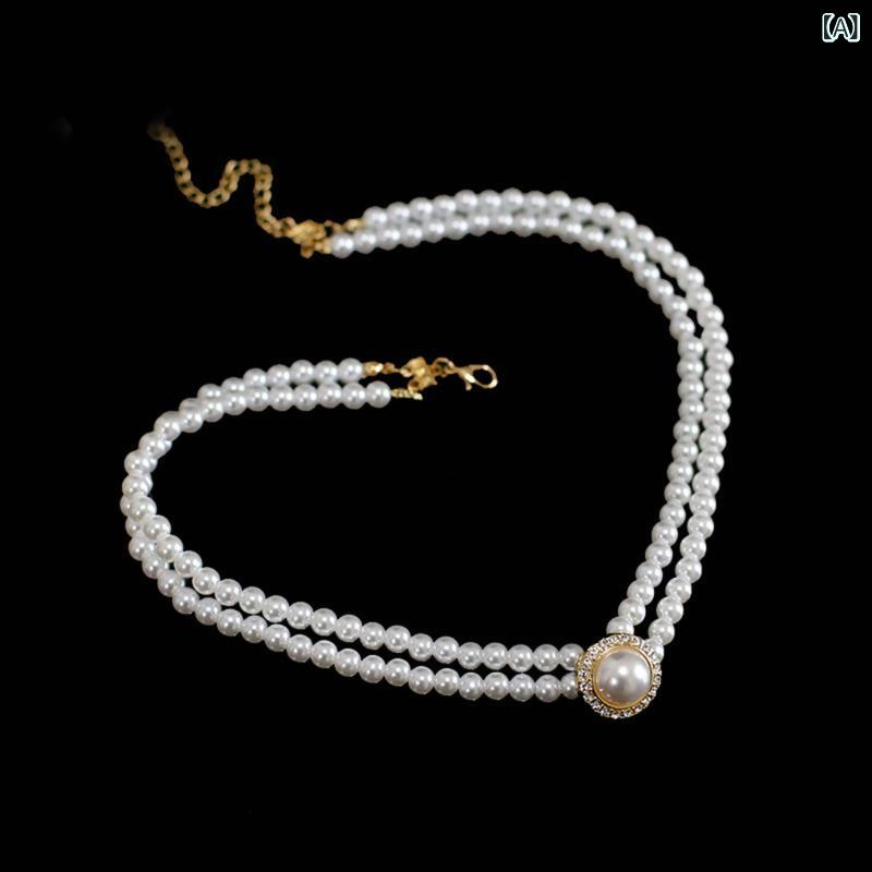 ネックレス レディース 二連 フェイクパール パール 首飾り 韓国 レトロ アンティーク 洋風 欧米風 ブライダル ウェディング 結婚式 花嫁 フォーマル パーティー 上品 シンプル 万能アクセサリー