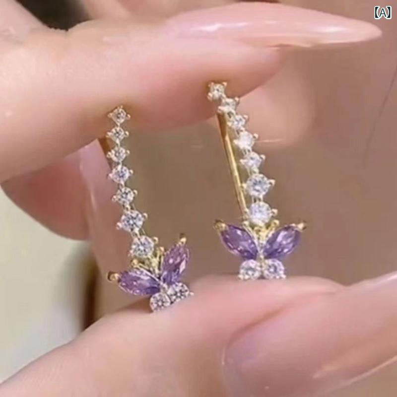 耳飾り レディース ライトラグジュアリー ジルコニア 麦穂 蝶 バタフライ パープル ホワイト 合金製 高..
