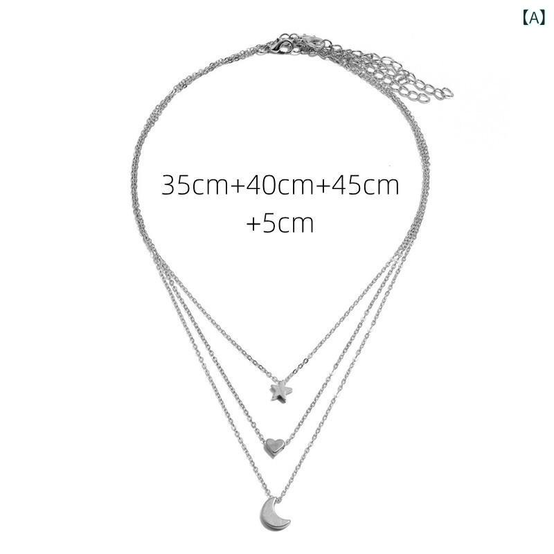 ネックレス レディース 星 月 ハート モチーフ ペンダント 多層 重ね付け シンプル 合金製 シルバー ゴ..