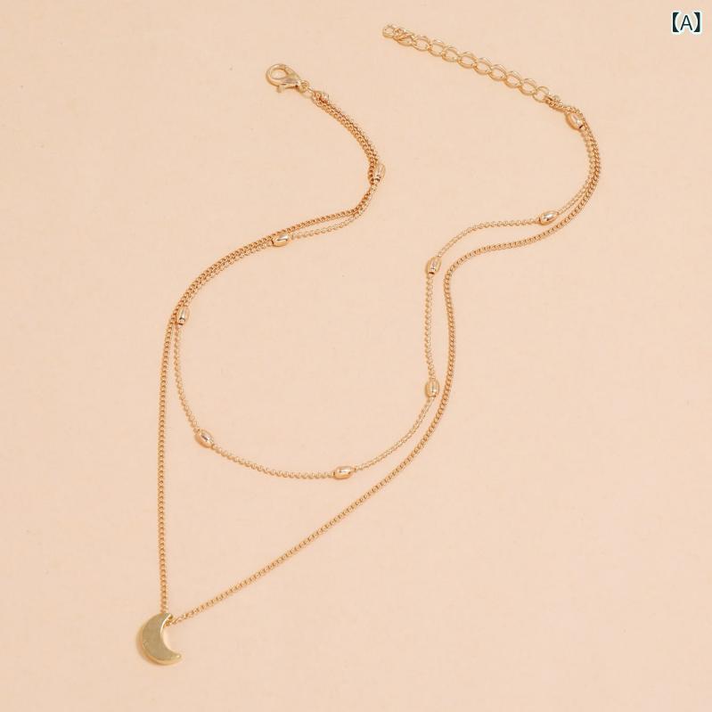 ネックレス レディース 欧米風 シンプル 二重 レイヤード 重ね付け ムーン 月 三日月 ペンダント 合金 ..