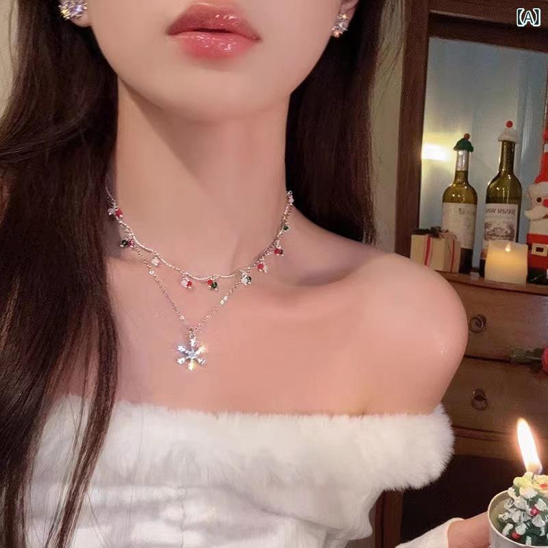 ネックレス レディース 女性用 雪の結晶 スノーフレーク カラフルビーズ 二連 ダブルレイヤー ロングネックレス ペンダント チョーカー クリスマス 冬 上品 エレガント 高級感 ステンレス 合金 幾何学モチーフ