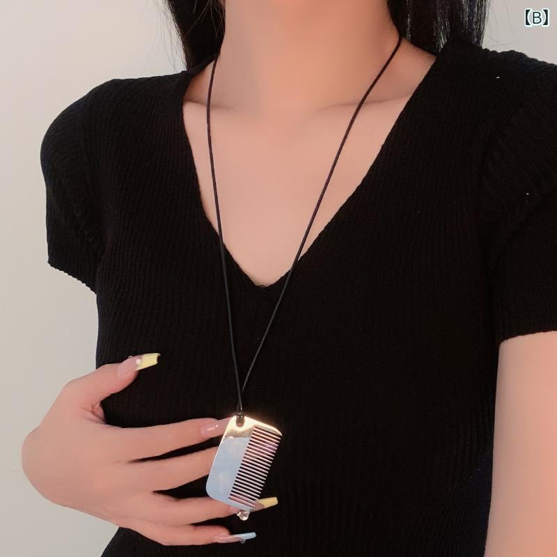 ネックレス レディース 韓国ファッション シルバー 櫛コーム ペンダント ロングネックレス 実用的 個性的 おしゃれ 上品 万能 普段使い オフィス カジュアル チタン鋼 電気メッキ加工