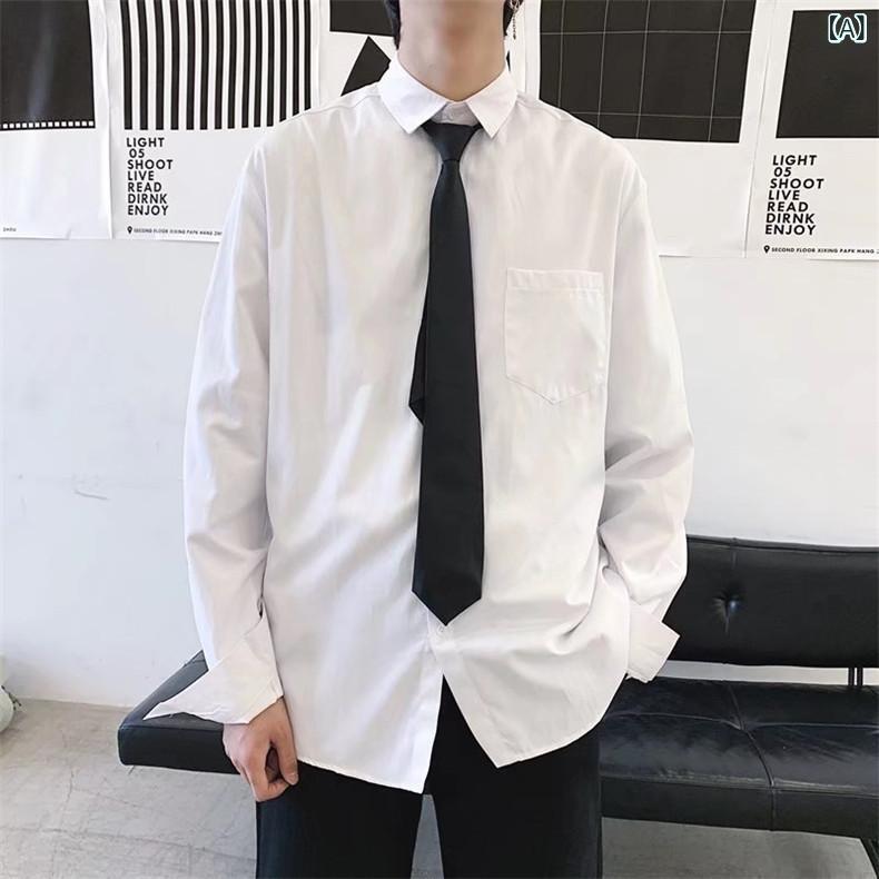 シャツ メンズ 長袖 白 ホワイト トップス 韓国 韓国ファッション 学院風 スクール レギュラーカラー カジュアル 普段使い スリムフィット 細身 薄手 軽量 無地 ポリエステル コットン 形態安定(4.0)