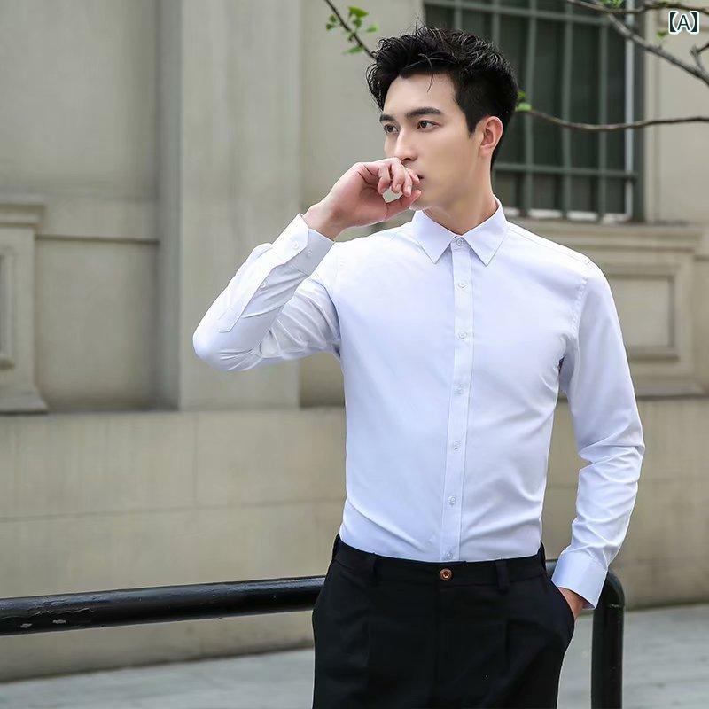 シャツ メンズ 長袖 ビジネス カジュアル 制服 作業服 ホワイト ポリエステル 洗濯可能 ノーアイロン 薄手 襟付き ゆったり トップス