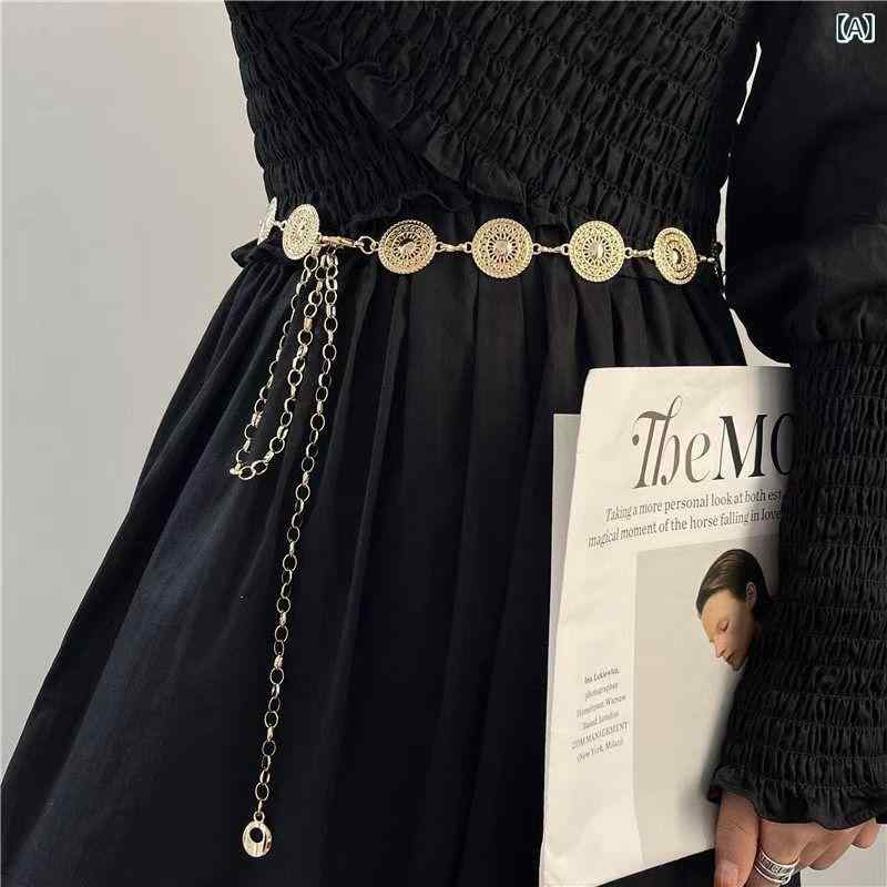 ウエストチェーン レディース 高級感 レトロ メタル ゴールド シルバー ワンピース ドレス セーター ニ..