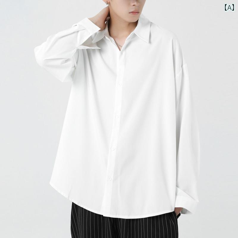 シャツ メンズ 男性用 ノーアイロン 長袖 ルーズフィット ビッグシルエット トップス カジュアル 羽織り 香港スタイル ポリエステル 無..