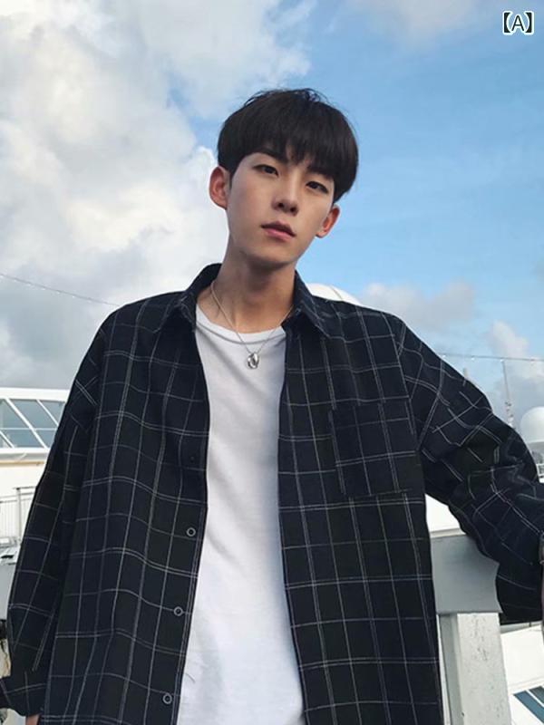 乐天商城 - シャツ メンズ 長袖 ゆったり ルーズフィット 黒 チェック柄 韓国ファッション トップス カジュアル 普段使い 綿混 ポリエステル混紡 襟付き レギュラーカラー 春秋