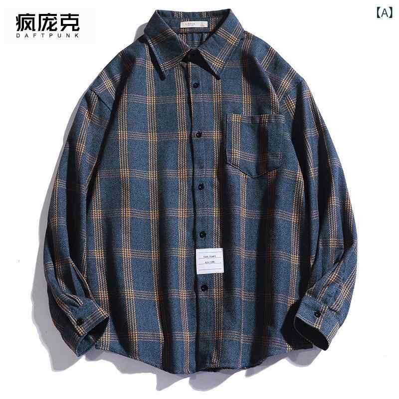 乐天商城 - シャツ メンズ 韓国 ゆったり オーバーサイズ チェック柄 長袖 薄手 ウォッシャブル ダークブルー 春秋 レトロ ストリート カジュアル カップル ペアルック 普段使い トップス 羽織り
