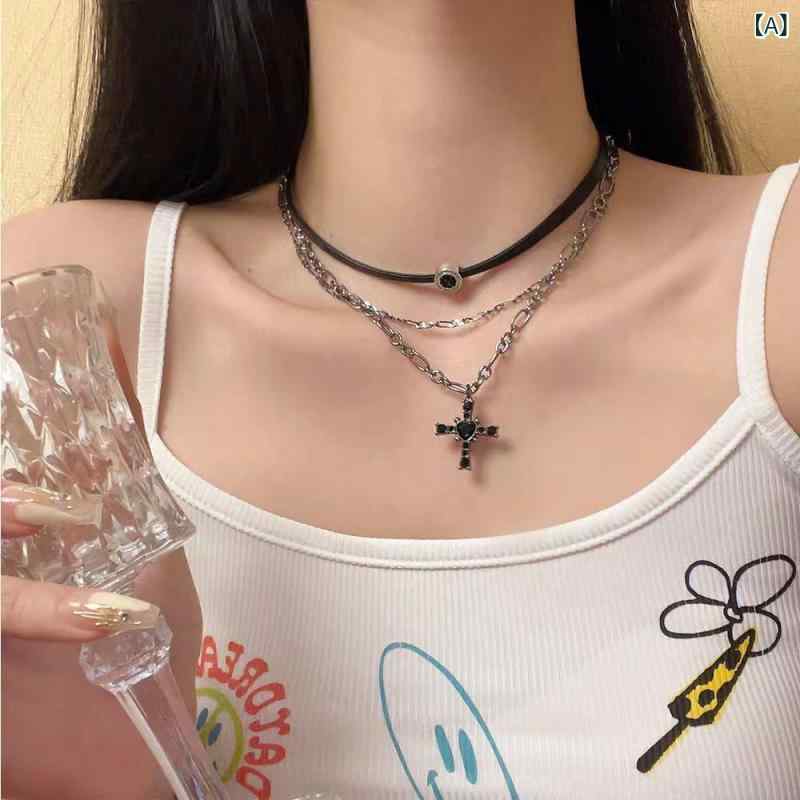 Necklaces, Pendants - ネックレス レディース 甘辛クール ダークブラック 十字架 幾何学 多層 重ね付け 個性的 繊細 レザーコード 電気メッキ加工 欧米風 高見え チョーカー 秋冬