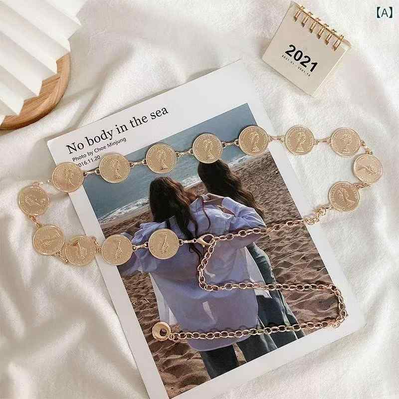 ウエストチェーン レディース レトロ エスニック 彫刻 幾何学模様 タッセル ゴールドカラー 金属製 ワ..