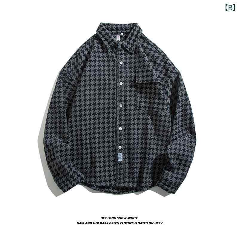 シャツ メンズ 千鳥格子 ヘビーウェイト デニム コットン 長袖 ゆったり ルーズフィット スタンドカラー カジュアル アウター 春秋 秋冬 ブルー ブラック 洗濯機可 防シワ 耐久性 アイロン不要