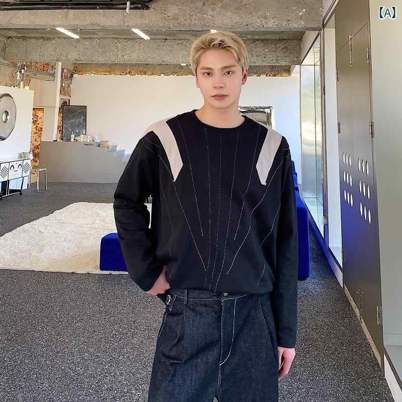 Casual Shirts - スウェット メンズ 不規則 配色切り替え ステッチ クルーネック 長袖 ドロップショルダー ビッグシルエット ヘビーウェイト ポリエステル ブラック 春秋 ストリート カジュアル