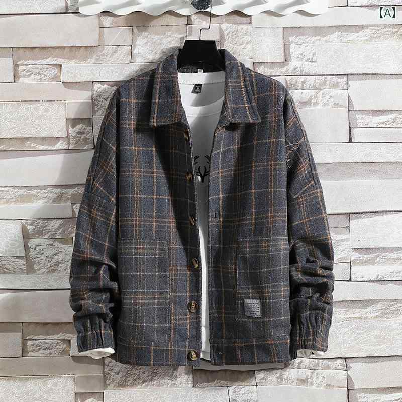 ジャケット メンズ 秋冬 韓国 ウール調 チェック柄 アウター カジュアル ルーズフィット 厚手 シングルブレスト 長袖 ゆったり 男性用 大きいサイズ対応 レギュラーカラー ブルゾン 普段使い
