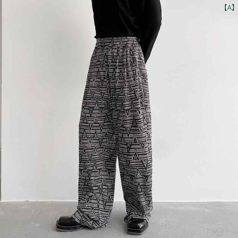 パンツ メンズ ヒップホップ ストリート ダンス 衣装 幾何学柄 テクスチャ感 プリント ゆったり ルーズ ワイドパンツ 袴パンツ バギーパンツ フロア丈 ロングパンツ スウェット ポリエステル混紡 春秋