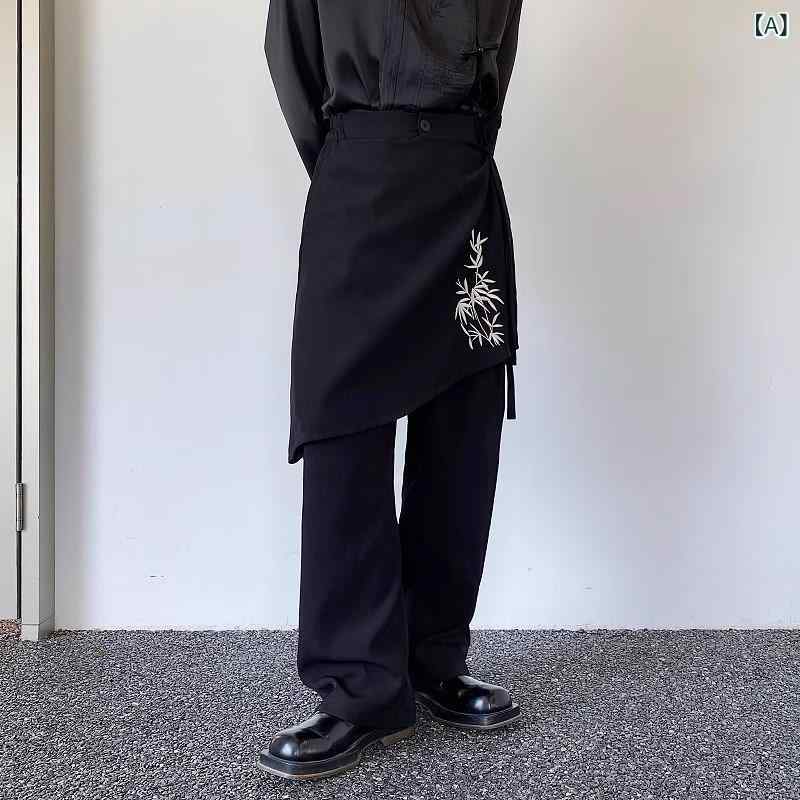 メンズ ボトムス カジュアル 刺繡 竹の葉 花柄 レイヤード風 アシンメトリー ワイド 袴パンツ ポリエステル ブラック 普段使い ストリート 個性派 イージー 春秋