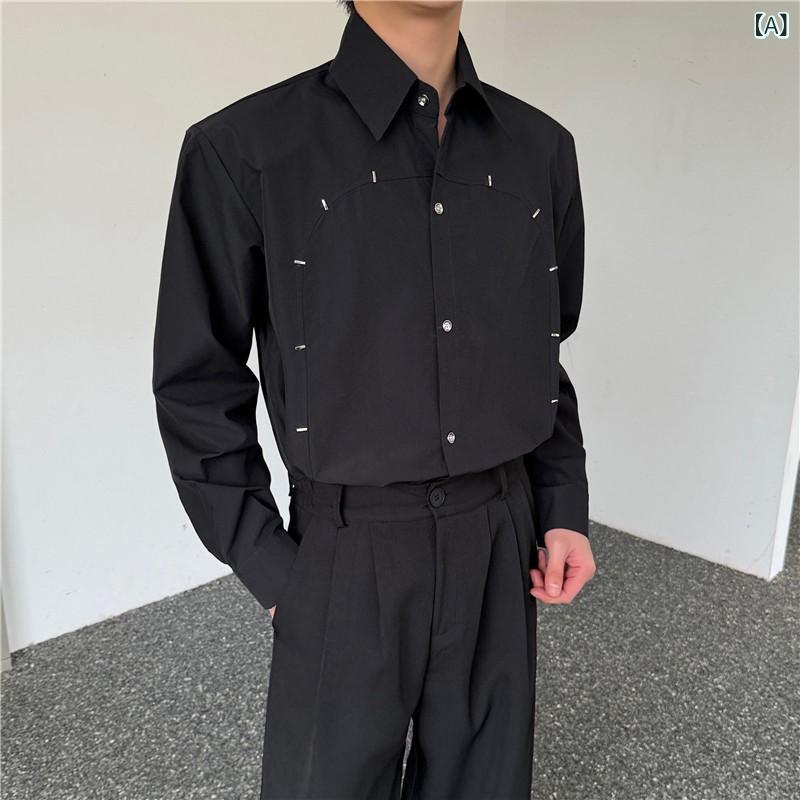 シャツ 男性用 オールブラック メタルリベット ビッグポインテッドカラー 長袖 オーバーサイズ ビッグシルエット パッド入り肩 機能性 ポリエステル カジュアル 春秋 トップス