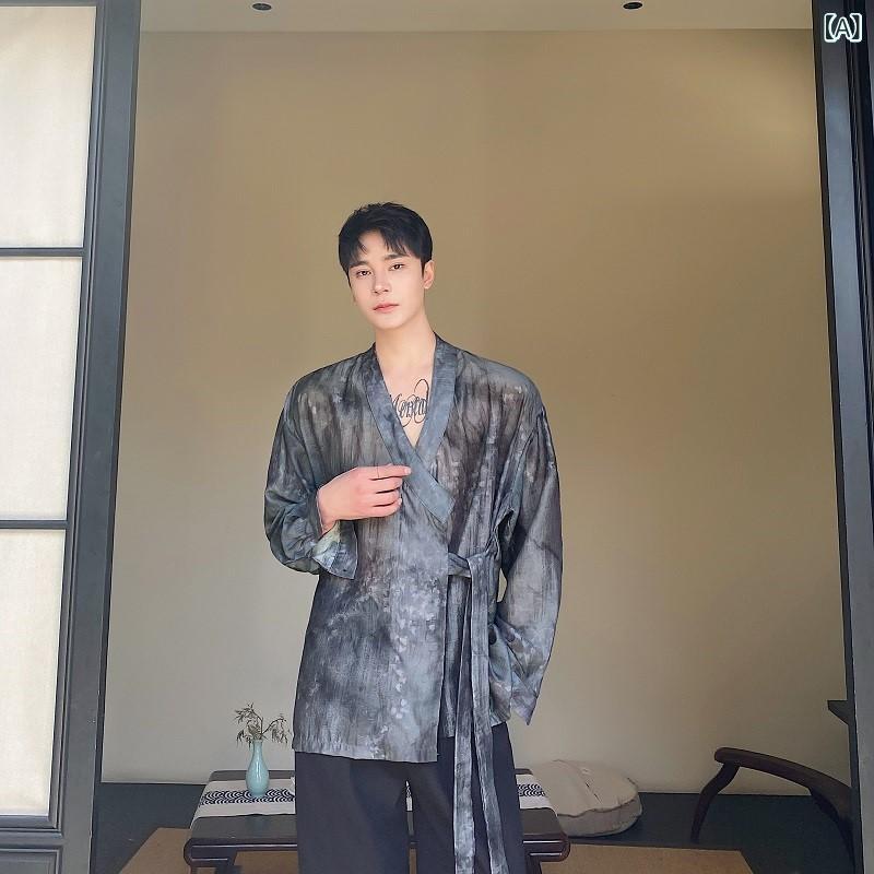 シャツ メンズ 漢服風 ネオチャイニーズ 禅テイスト 水墨画風プリント 斜め襟 紐タイ Vネック ゆったり 長袖 薄手 ポリエステル 春秋 ..