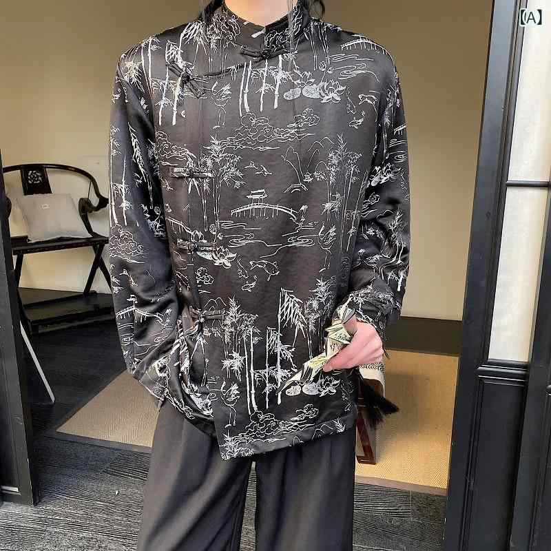 シャツ メンズ 中国風 唐装 漢服風 山水画 錦織 ジャガード織り スタンドカラー 立ち襟 長袖 斜め前立て 盤扣 チャイナボタン ゆったり リラックスフィット カジュアル ポリエステル 春秋 ブラック 黒 トップス 男性用