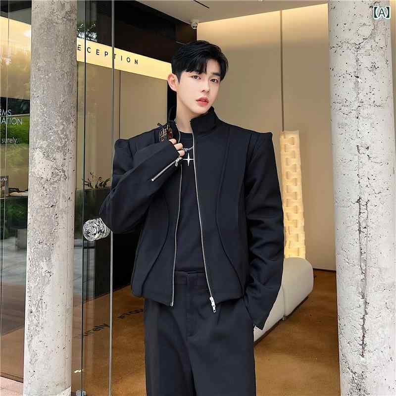 ジャケット メンズ ストリート系 ビッグシルエット 肩パッド入り ショート丈 デコンストラクト スタンドカラー ボリュームスリーブ ワークテイスト 高機能 アウター ポリエステル 春秋 ブラック