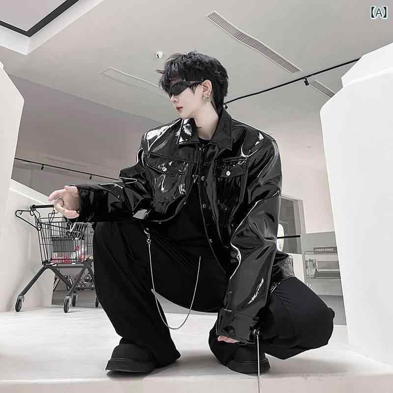 レザージャケット メンズ PUレザー ライダース ビッグシルエット エナメル 光沢感 ビッグポケット フラップポケット 機能性 ワーク ストリート カジュアル ミドル丈 アウター ブラック 春秋(4.0)