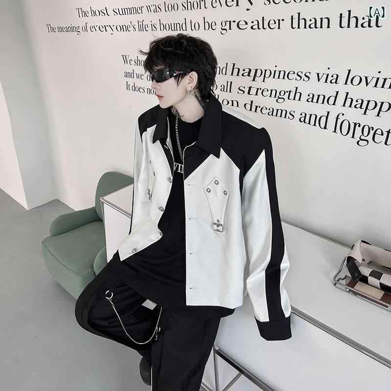 ジャケット メンズ 男性用 ワーク オーバーサイズ 肩パッド入り 機能的 切り替え配色 バックル ストラップ 春秋 カジュアル ストリート ブラック ホワイト