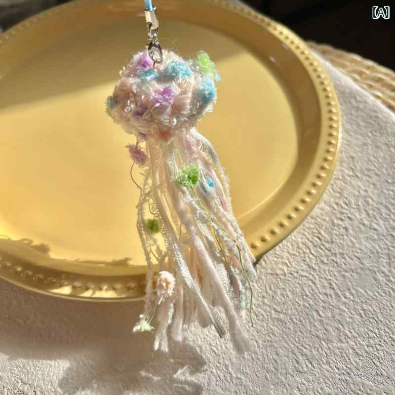 キーホルダー レディース キーリング 手編み 水母 クラゲ モチーフ フリンジ カラ...