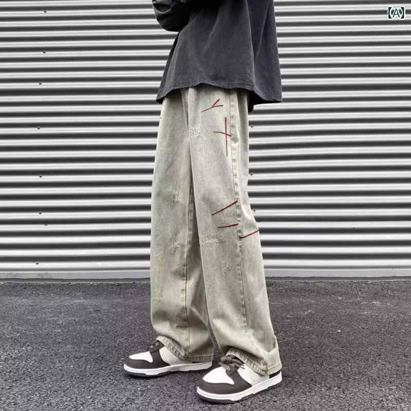 樂天商城 - デニムパンツ メンズ ウォッシュ加工 起毛 ルーズフィット ストレートシルエット アメリカン Vibe系 レトロ ハイストリート 微ストレッチ ミッドライズ ポリエステル混紡
