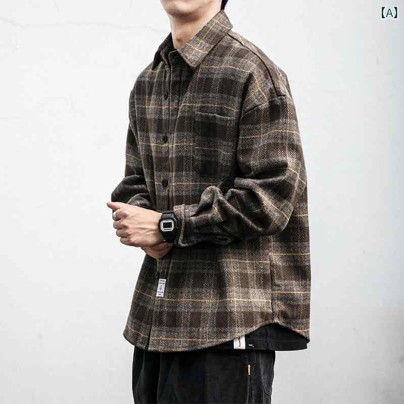 Pants - シャツ メンズ 秋冬 レトロ ヴィンテージ風 起毛 厚手 チェック柄 ワークウェア 長袖 ゆったり オーバーサイズ ウール調 カジュアル アウター カーキ ネイビー
