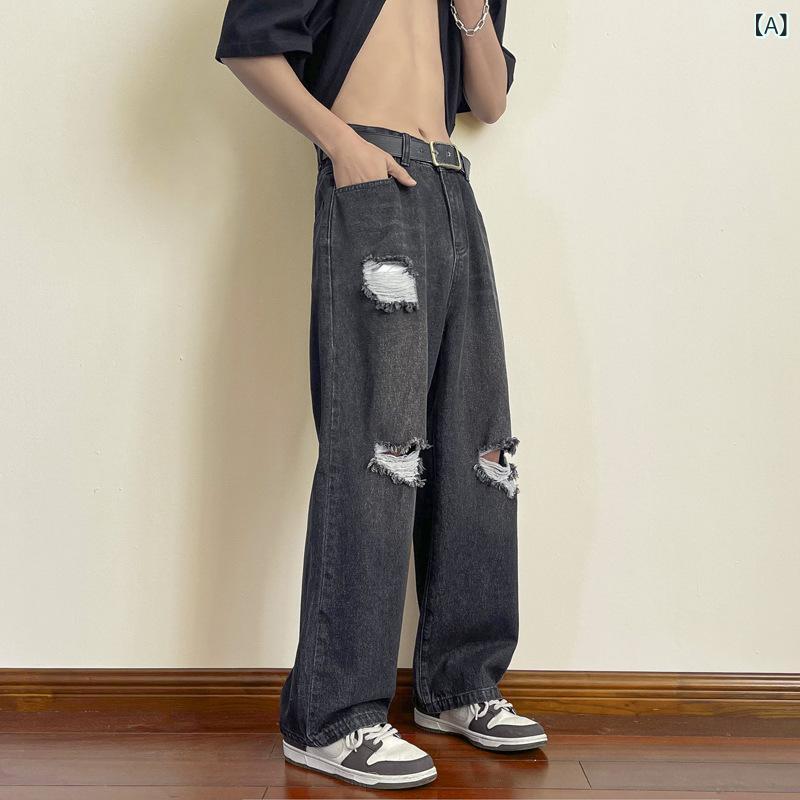 デニムパンツ メンズ ジーンズ ダメージ ストレート ワイドパンツ アメカジ ヴィンテージ風 ハイストリート ストリート系 カジュアル ..