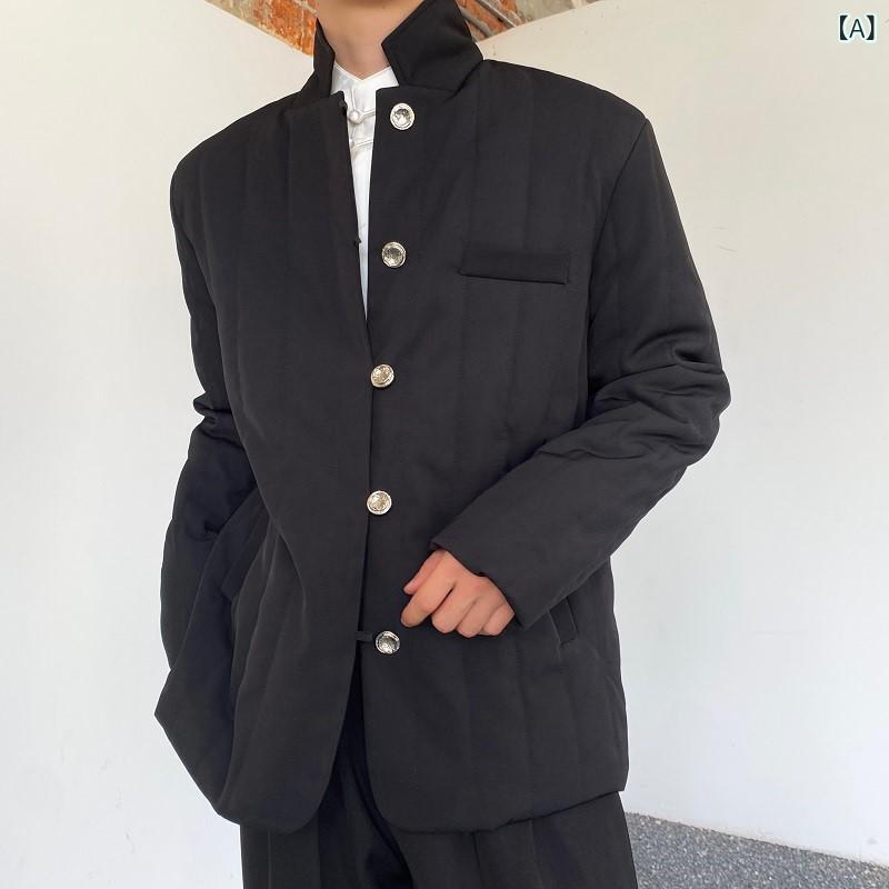 Rakuten - 中綿ジャケット メンズ 新チャイナスタイル 立ち襟 軽量 ゆったり ミドル丈 ポリエステル素材 無地 シングルブレスト サイドポケット ストレートヘム カジュアル 秋冬 ブラック 黒 アウター