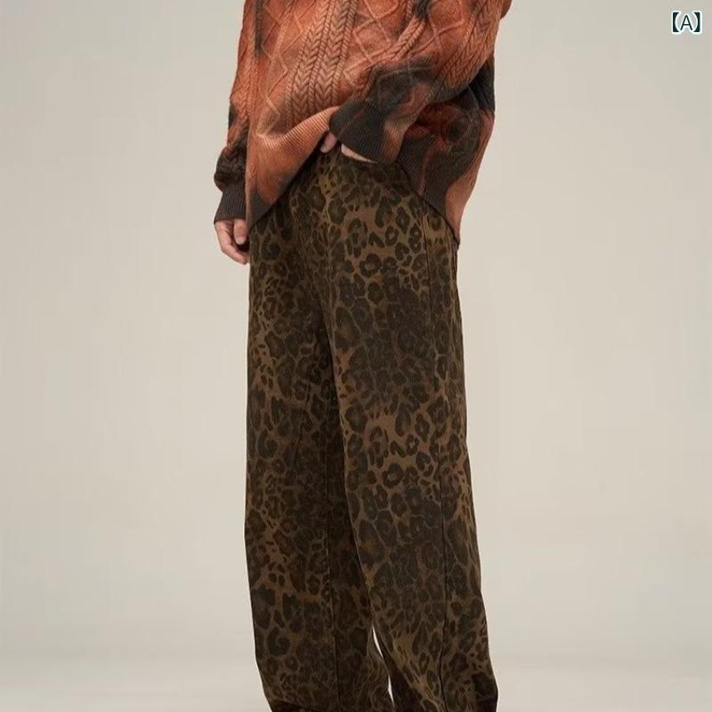 乐天商城 - デニムパンツ レディース アメリカンレトロ ヒョウ柄 個性的 ストリート こだわり加工 ゆったり ワイドレッグ ジーンズ 綿混 中厚地 微ストレッチ ボトムス