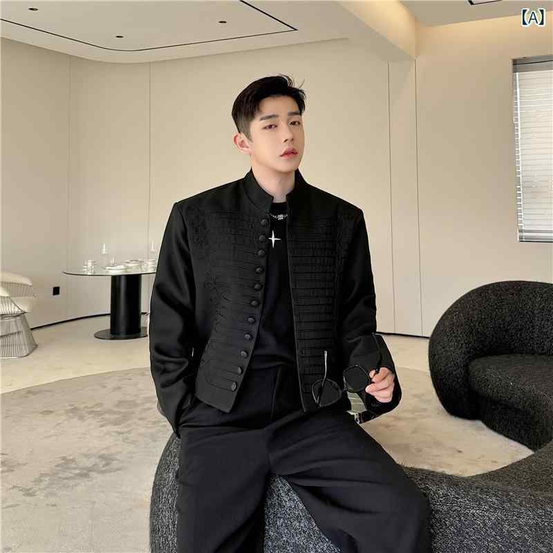 Jumper, Blouson - ジャケット メンズ 男性用 宮廷風 レトロ クラシック ショート丈 刺繍 立ち襟 多ボタン装飾 ポリエステル混紡 アウター 春秋 ブラック ゆったり カジュアル 普段使い