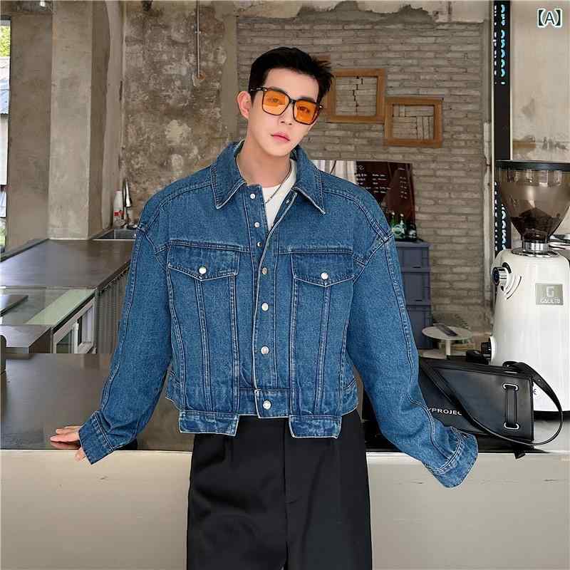 Rakuten - ジャケット メンズ 男性用 ストリート アメカジ デニムジャケット Gジャン ポリエステル ウォッシュ加工 ヴィンテージ風風 イレギュラーヘム ショート丈 クロップド丈 パープル 切り替え ルーズフィット ゆったり 長袖 春秋 カジュアル