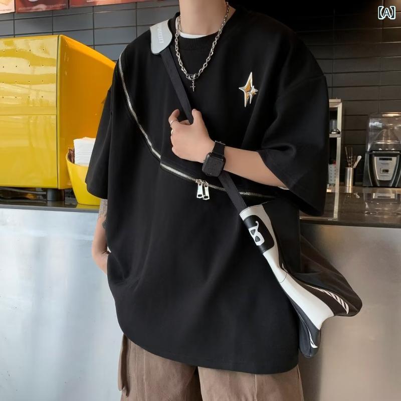 ・カテゴリ: Tシャツ・スタイル: 韓国・主な素材: ポリエステル・フィット: ルーズ・対象: メンズ・タイプ: プルオーバー・ネックライン: クルーネック・袖丈: 五分袖・袖タイプ: ドロップショルダー・厚さ: 普通・重さ: 約180～250g・シーン: カジュアル・加工: 防シワ加工・機能: 通気性、吸湿速乾・カラー展開: ブラック、ホワイト・サイズ展開: M、L、XL、XXL、3XL