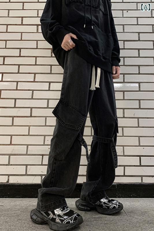 Rakuten - ジーンズ メンズ 男性用 アメリカンカジュアル ストリート 薄手 ゆったり ストレート デニムパンツ マルチポケット ワークパンツ コットン ヴィンテージ風加工 微ストレッチ 春秋 普段使い ブラック ブルー