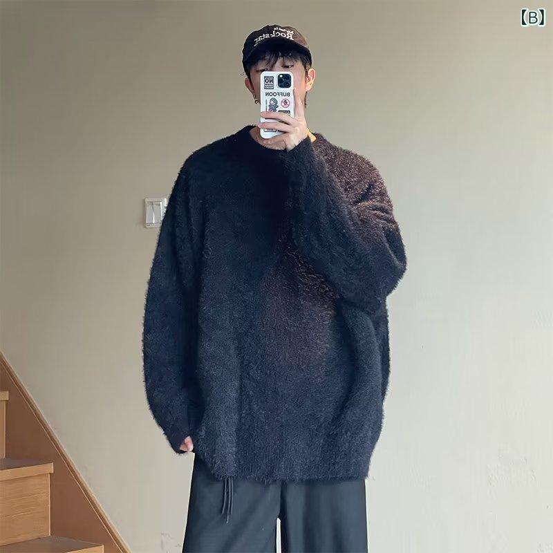 ニット メンズ アメリカンヴィンテージ風 アメカジ モヘア風 ふわふわ やわらか ゆったり オーバーサイズ ビッグシルエット クルーネック 長袖 高級感 秋冬 着回し 普段使い カジュアル