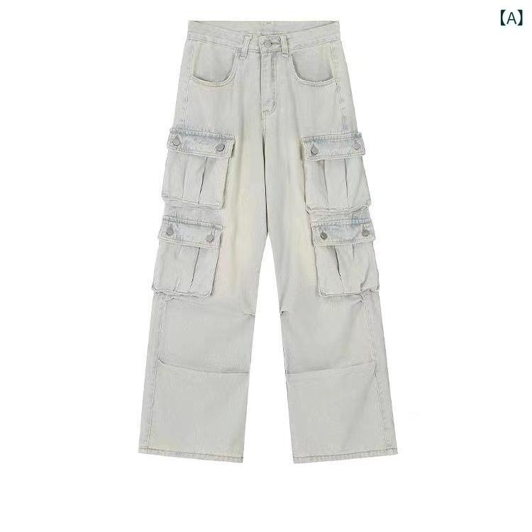 樂天商城 - デニムパンツ ユニセックス アメカジ ストリート ウォッシュ加工 ユーズド加工 マルチポケット ストレート ワーク ジーンズ カジュアル ロングパンツ ミッドライズ ノンストレッチ ライトブルー