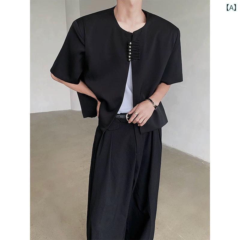 ジャケット メンズ 男性用 半袖 ショート丈 肩パッド入り 立襟 ルーズフィット ビッグシルエット 高級感 個性的 ポリエステル ブラック 夏 カジュアル 普段使い