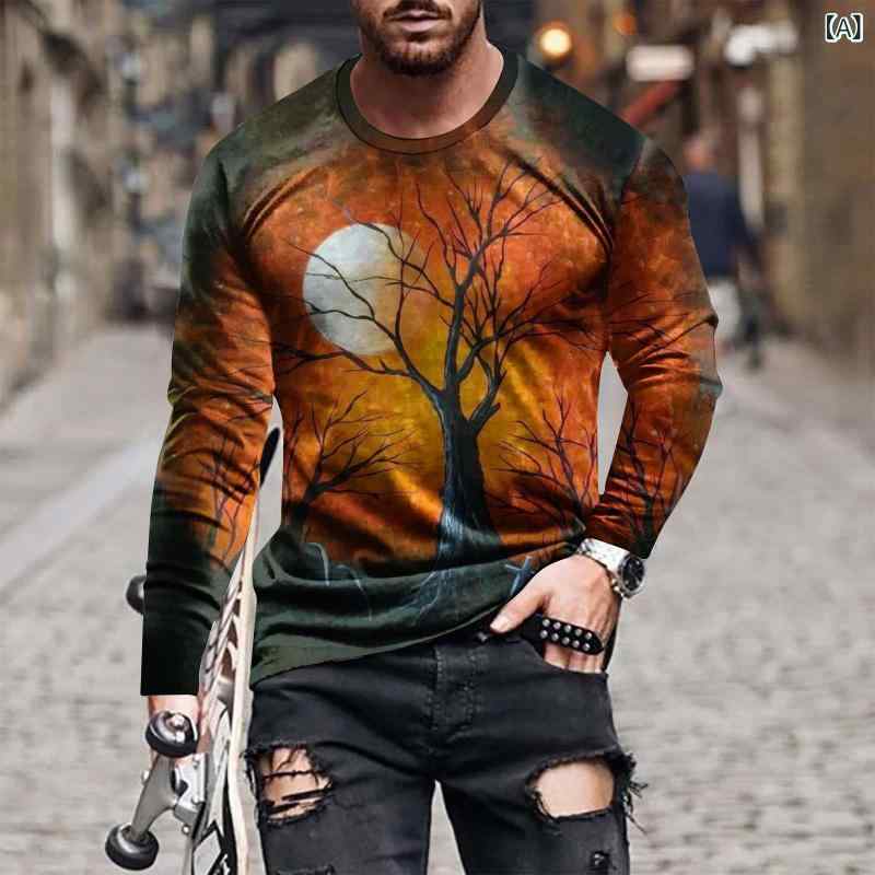 Rakuten - Tシャツ メンズ ハロウィン スパイダーウェブ パンプキン ユニーク 3Dプリント 長袖 トップス ポリエステル 速乾 通気 クルーネック 丸首 ゆったり ストリート カジュアル 普段使い イベント ロングスリーブ