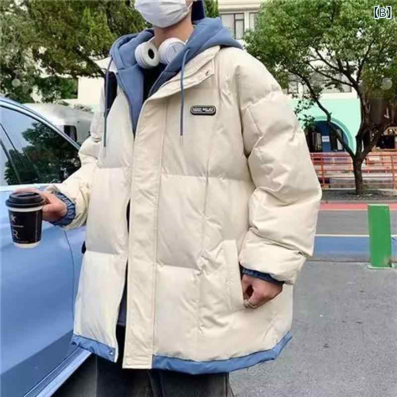 中綿ジャケット メンズ 男性用 秋冬 フェイクレイヤード フード付き 防寒保温 ゆったり オーバーサイズ トレンド カジュアル 学生 通学 着回し アウター コート ポリエステル 綿素材