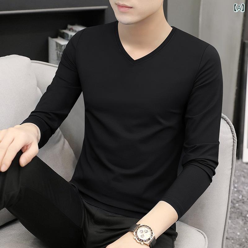 Rakuten - Tシャツ メンズ 男性用 Vネック 長袖 薄手 インナー 春秋物 大きいサイズ ビッグサイズ 綿混 ポリエステル ストレッチ 無地 カジュアル 普段使い
